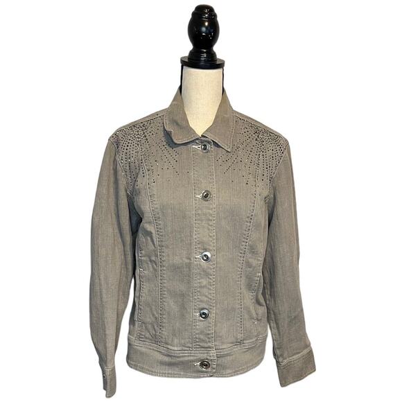 Chicos Platinum Grey Jewel Denim Jacket Studs Grey Size 2 Long Sleeve Coat Gray - Picture 2 of 6